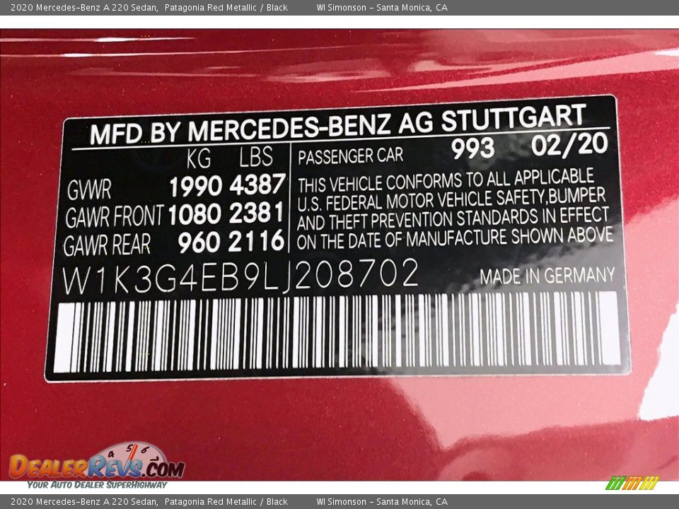 2020 Mercedes-Benz A 220 Sedan Patagonia Red Metallic / Black Photo #11