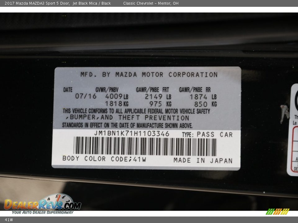 Mazda Color Code 41W Jet Black Mica