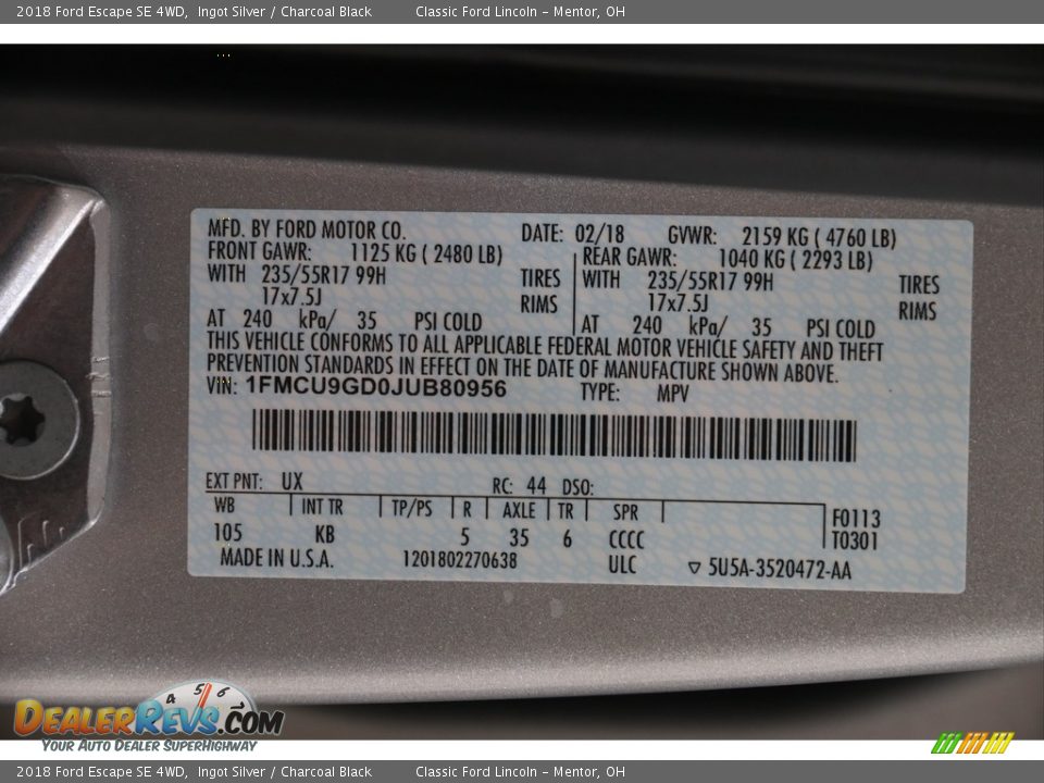 2018 Ford Escape SE 4WD Ingot Silver / Charcoal Black Photo #20