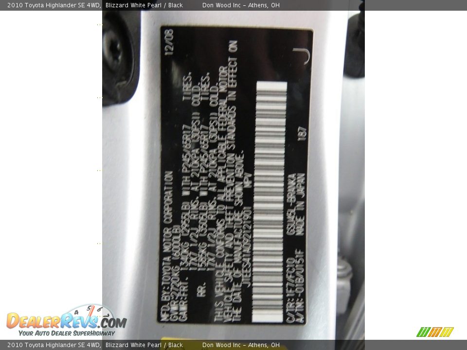 2010 Toyota Highlander SE 4WD Blizzard White Pearl / Black Photo #33