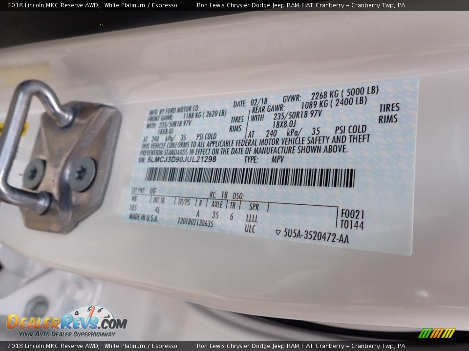 2018 Lincoln MKC Reserve AWD White Platinum / Espresso Photo #14