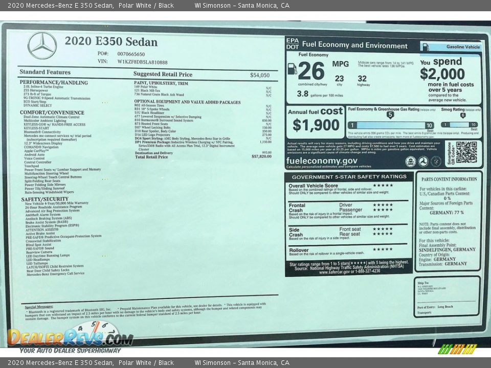 2020 Mercedes-Benz E 350 Sedan Polar White / Black Photo #10