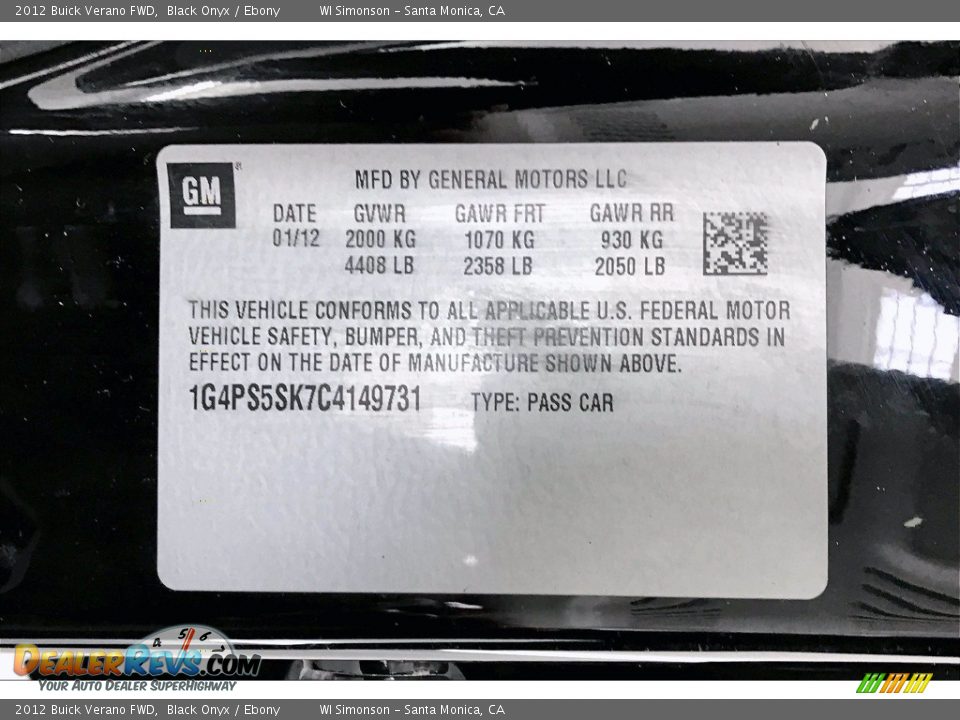 2012 Buick Verano FWD Black Onyx / Ebony Photo #24