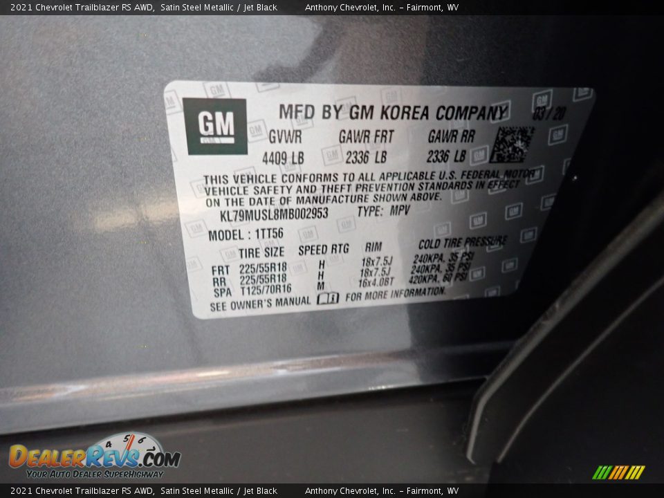 2021 Chevrolet Trailblazer RS AWD Satin Steel Metallic / Jet Black Photo #12