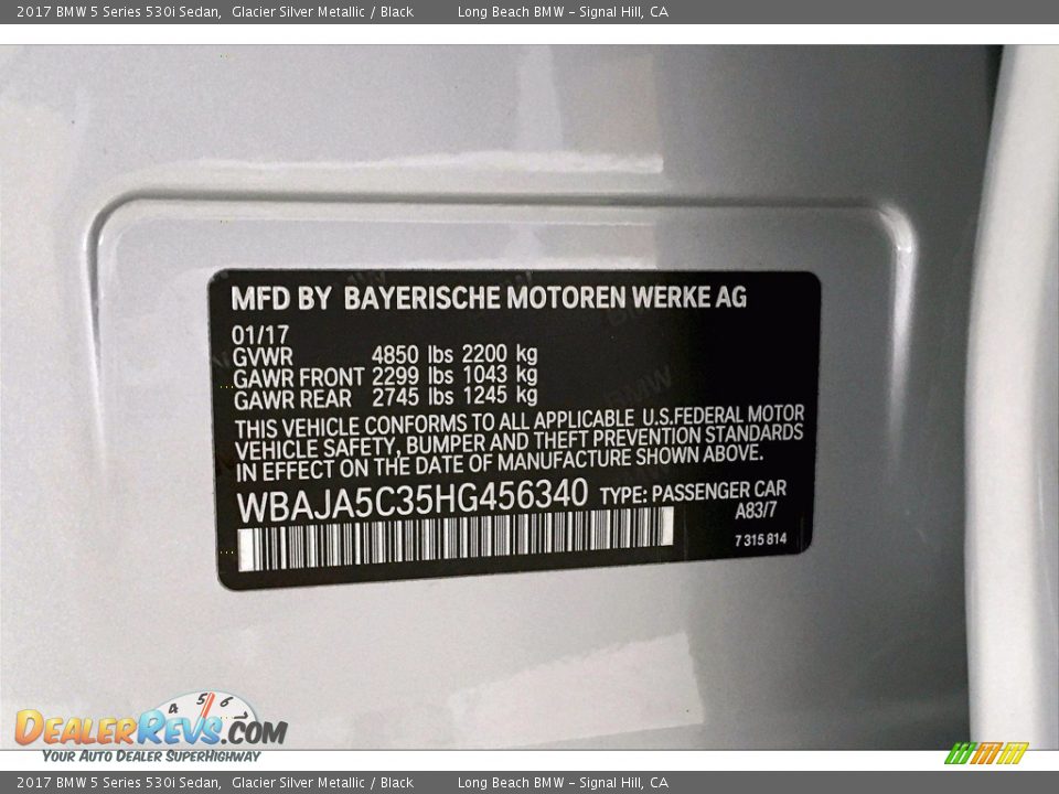 2017 BMW 5 Series 530i Sedan Glacier Silver Metallic / Black Photo #36