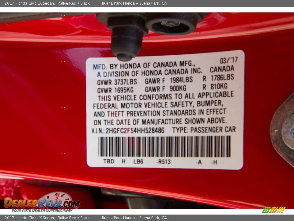 2017 Honda Civic LX Sedan Rallye Red / Black Photo #36