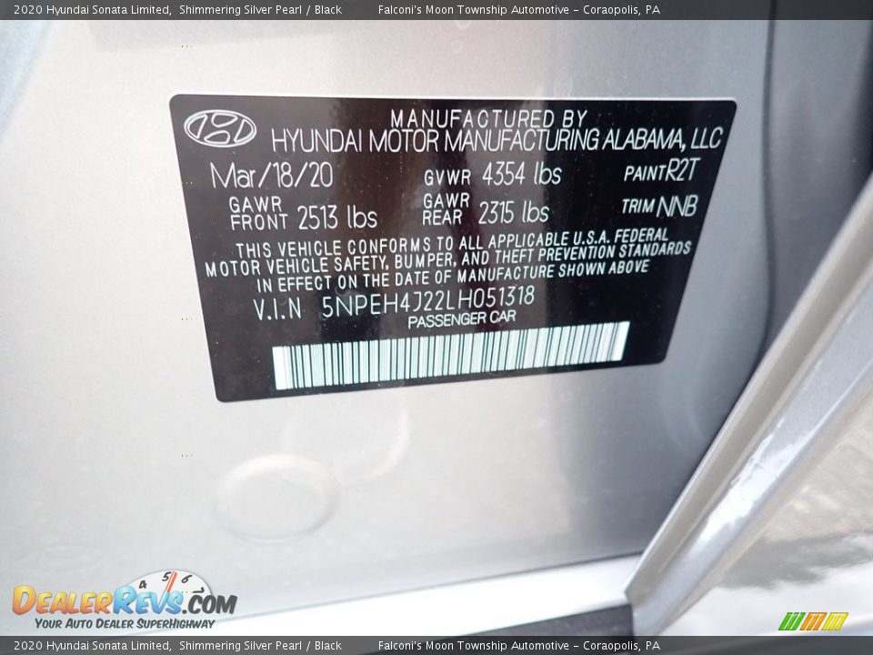 2020 Hyundai Sonata Limited Shimmering Silver Pearl / Black Photo #12