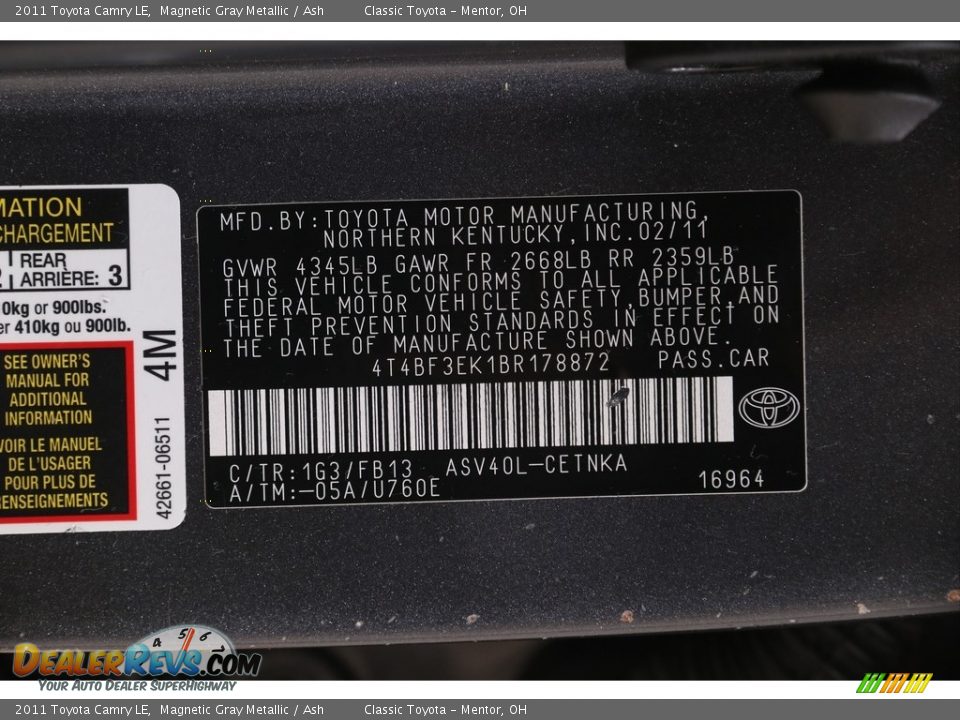 2011 Toyota Camry LE Magnetic Gray Metallic / Ash Photo #18