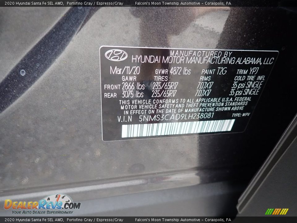 2020 Hyundai Santa Fe SEL AWD Portofino Gray / Espresso/Gray Photo #12