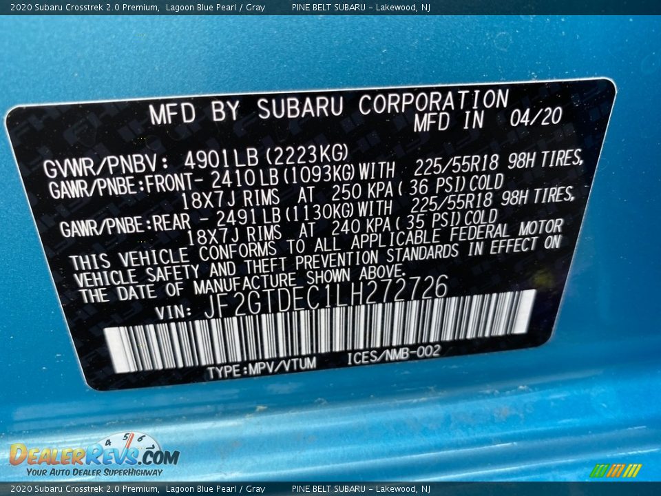 2020 Subaru Crosstrek 2.0 Premium Lagoon Blue Pearl / Gray Photo #12