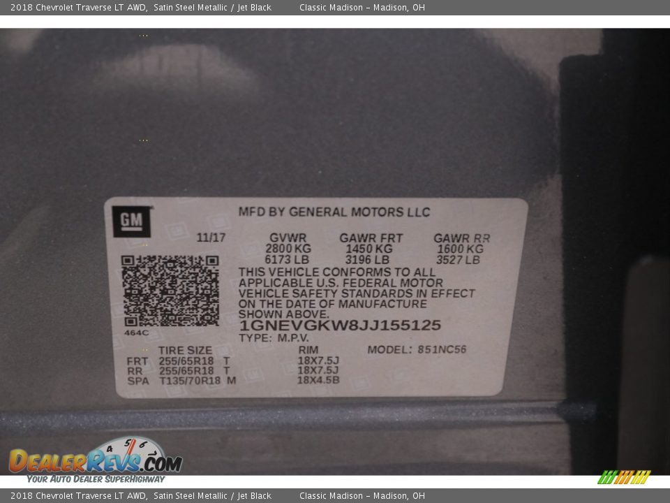 2018 Chevrolet Traverse LT AWD Satin Steel Metallic / Jet Black Photo #26