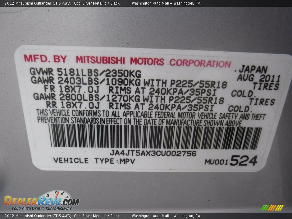 2012 Mitsubishi Outlander GT S AWD Cool Silver Metallic / Black Photo #32