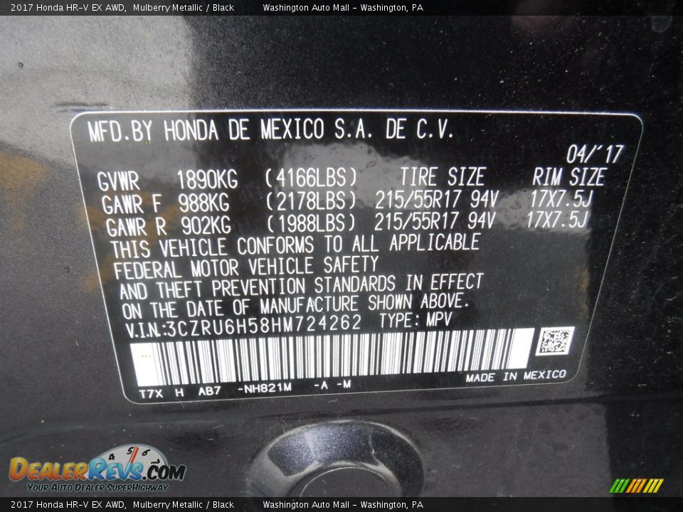 2017 Honda HR-V EX AWD Mulberry Metallic / Black Photo #27