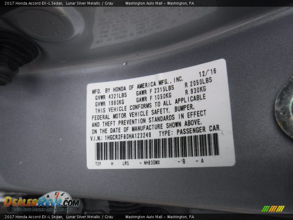 2017 Honda Accord EX-L Sedan Lunar Silver Metallic / Gray Photo #27