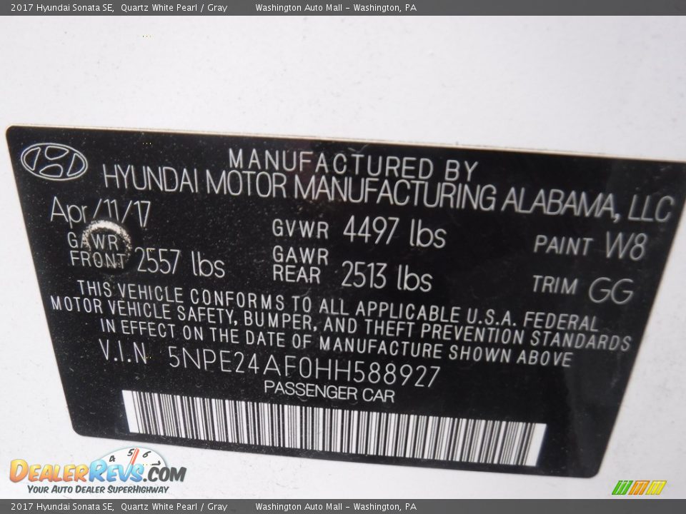 2017 Hyundai Sonata SE Quartz White Pearl / Gray Photo #27