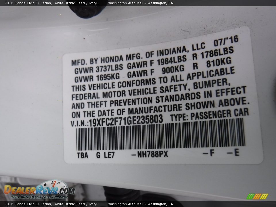 2016 Honda Civic EX Sedan White Orchid Pearl / Ivory Photo #27