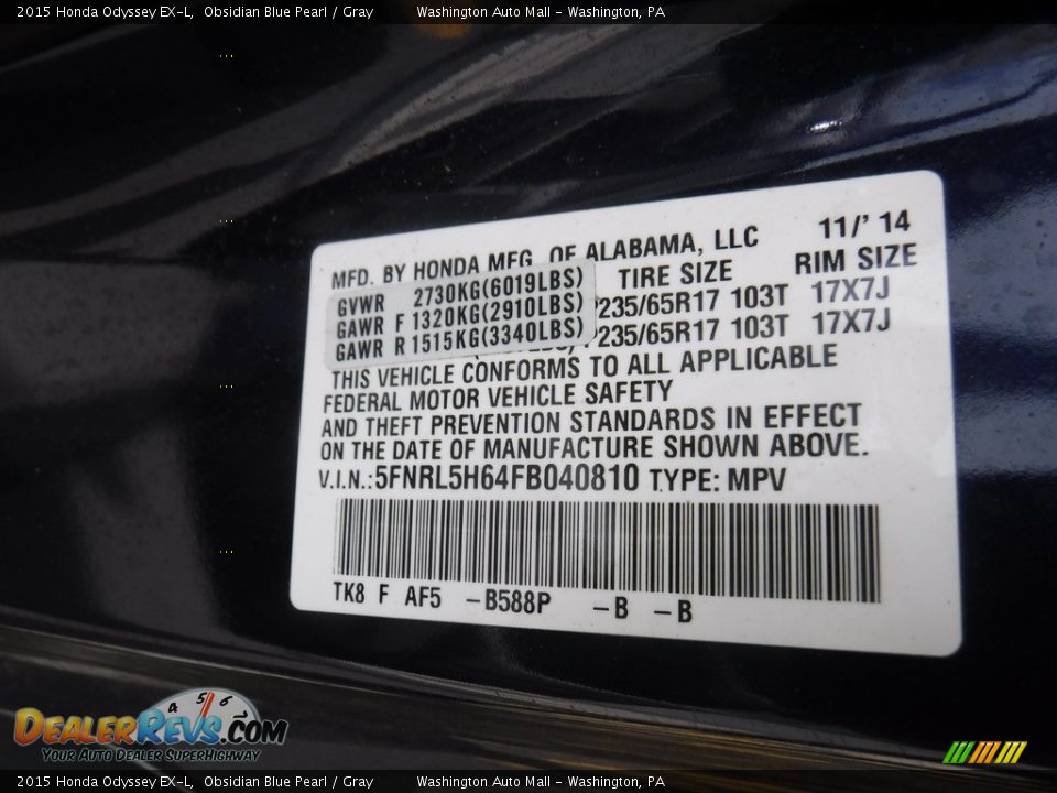 2015 Honda Odyssey EX-L Obsidian Blue Pearl / Gray Photo #27