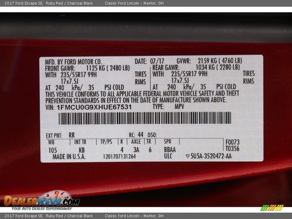 2017 Ford Escape SE Ruby Red / Charcoal Black Photo #18