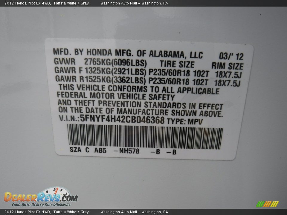 2012 Honda Pilot EX 4WD Taffeta White / Gray Photo #29