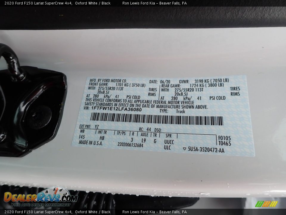 2020 Ford F150 Lariat SuperCrew 4x4 Oxford White / Black Photo #11