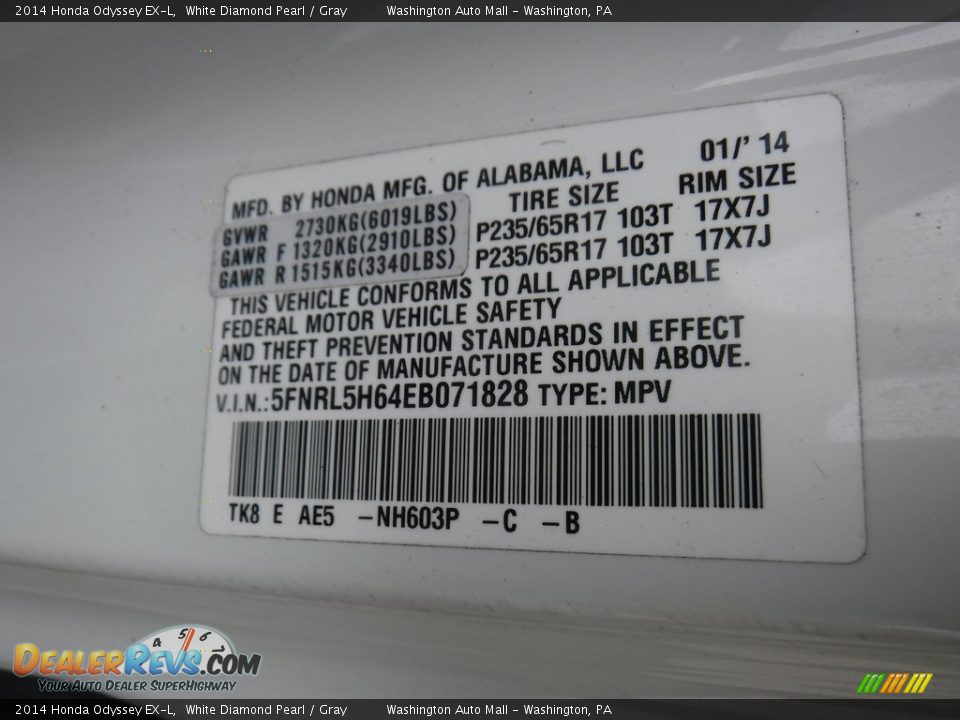 2014 Honda Odyssey EX-L White Diamond Pearl / Gray Photo #31