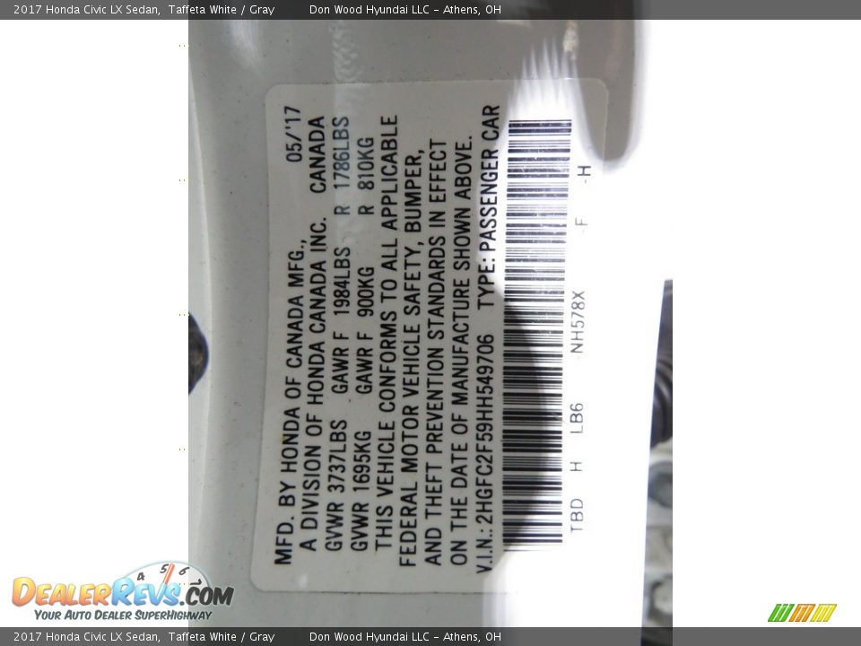 2017 Honda Civic LX Sedan Taffeta White / Gray Photo #32