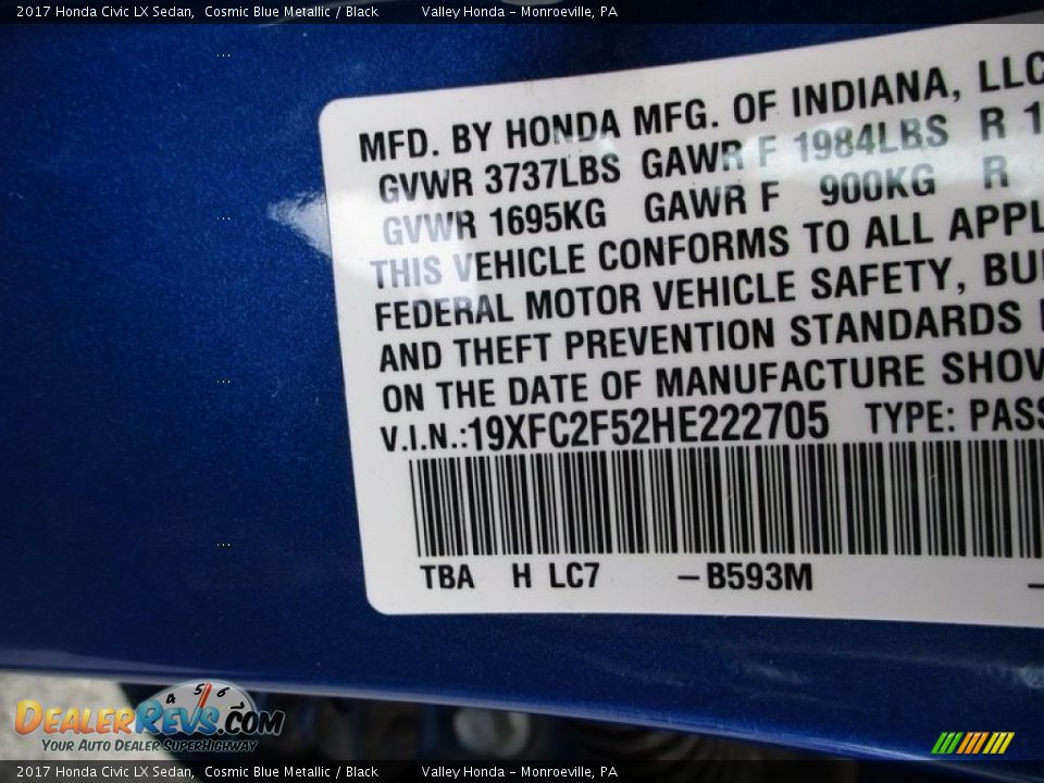 2017 Honda Civic LX Sedan Cosmic Blue Metallic / Black Photo #19