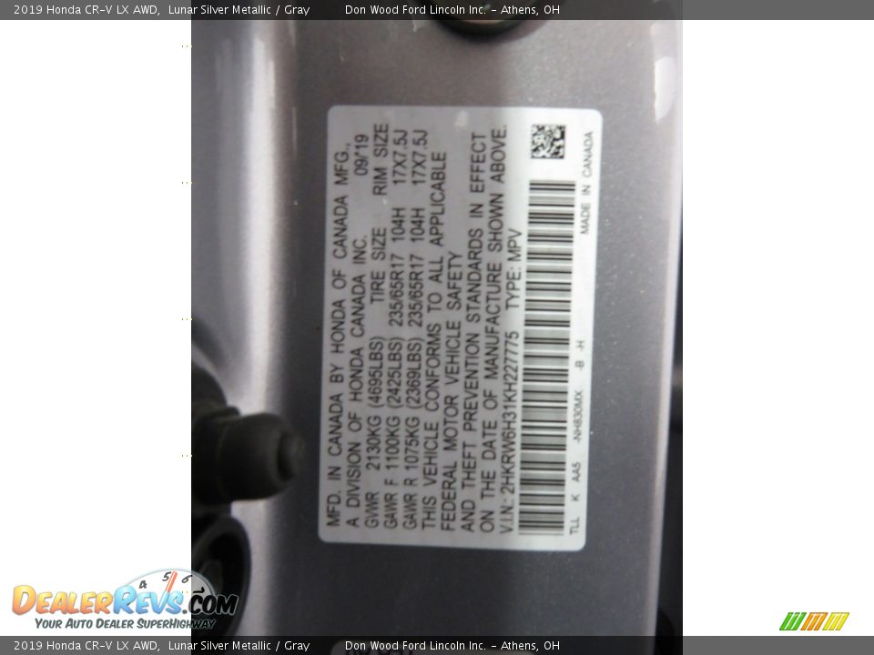 2019 Honda CR-V LX AWD Lunar Silver Metallic / Gray Photo #31