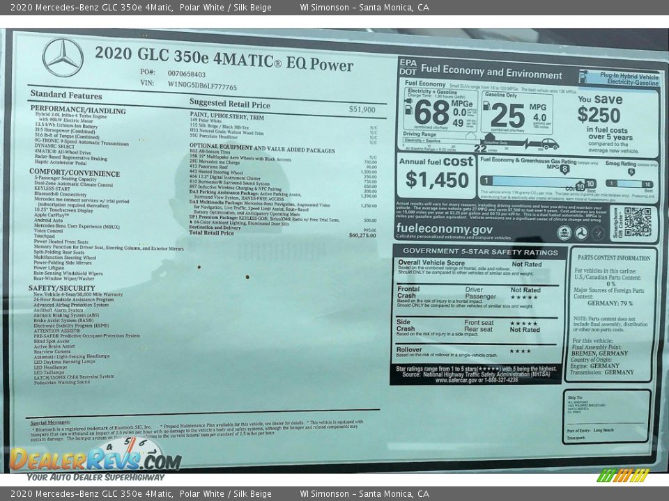2020 Mercedes-Benz GLC 350e 4Matic Window Sticker Photo #11