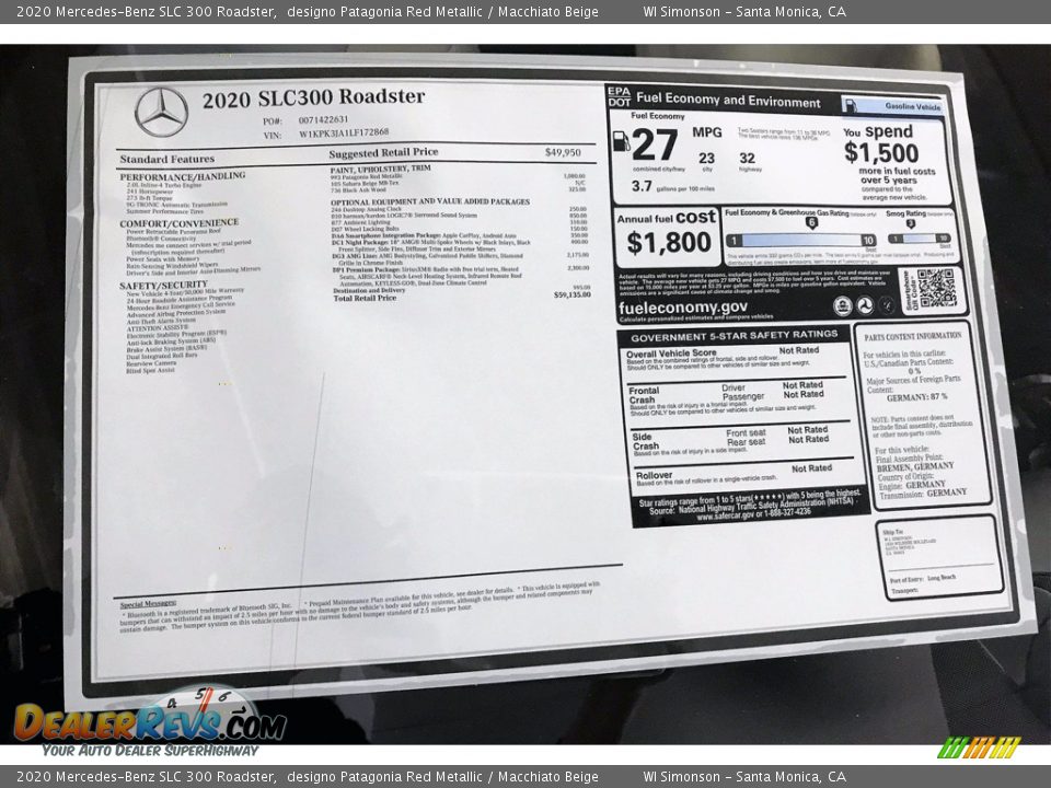 2020 Mercedes-Benz SLC 300 Roadster Window Sticker Photo #10