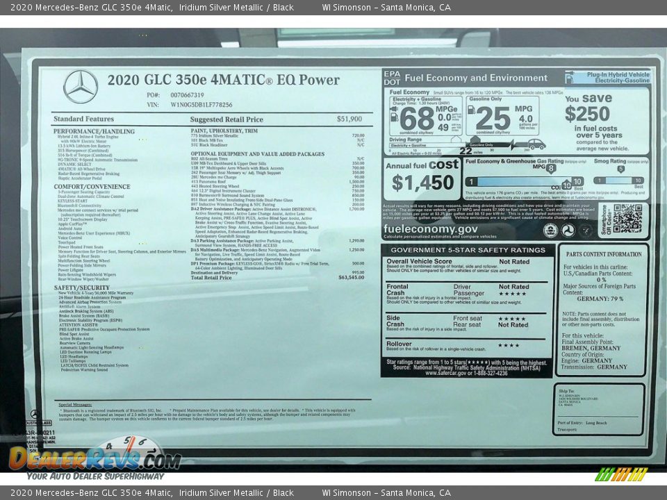 2020 Mercedes-Benz GLC 350e 4Matic Window Sticker Photo #11