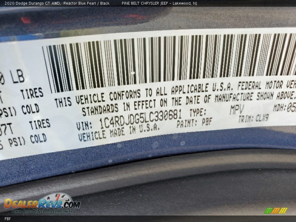 Dodge Color Code PBF Reactor Blue Pearl