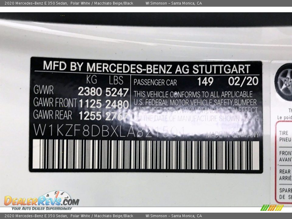 2020 Mercedes-Benz E 350 Sedan Polar White / Macchiato Beige/Black Photo #11
