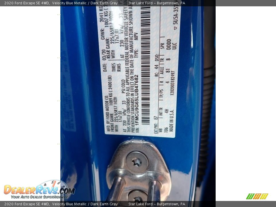 2020 Ford Escape SE 4WD Velocity Blue Metallic / Dark Earth Gray Photo #14