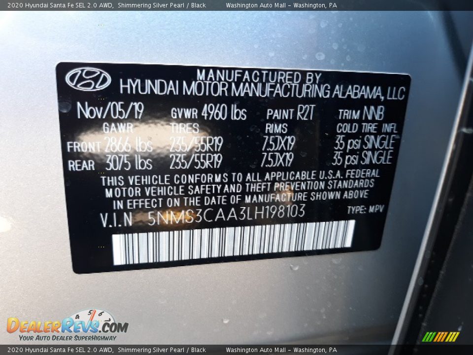 2020 Hyundai Santa Fe SEL 2.0 AWD Shimmering Silver Pearl / Black Photo #34