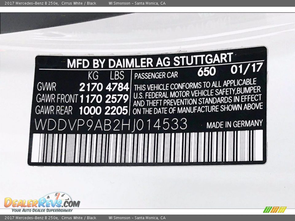 2017 Mercedes-Benz B 250e Cirrus White / Black Photo #24