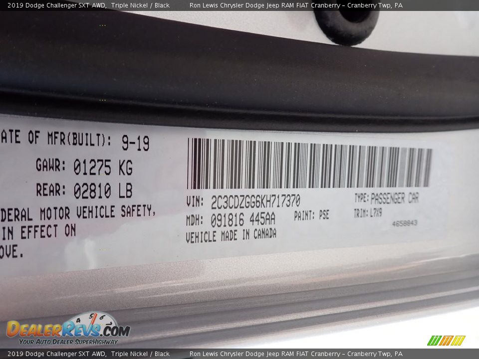 2019 Dodge Challenger SXT AWD Triple Nickel / Black Photo #17