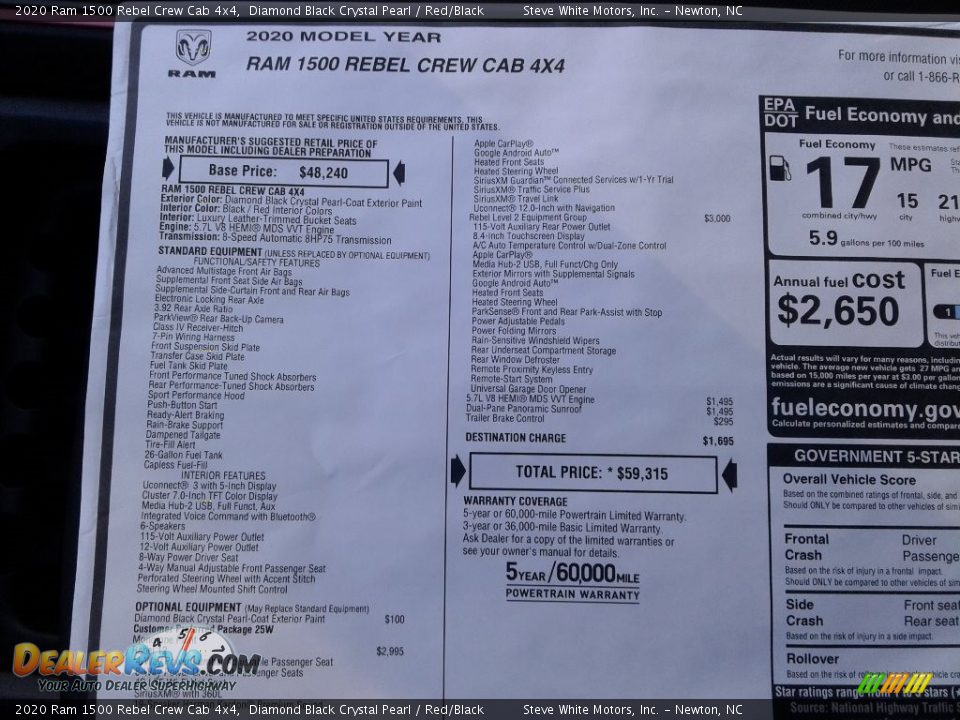 2020 Ram 1500 Rebel Crew Cab 4x4 Diamond Black Crystal Pearl / Red/Black Photo #35