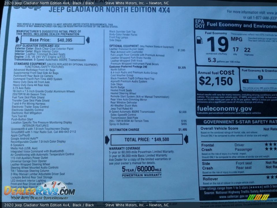2020 Jeep Gladiator North Edition 4x4 Window Sticker Photo #30