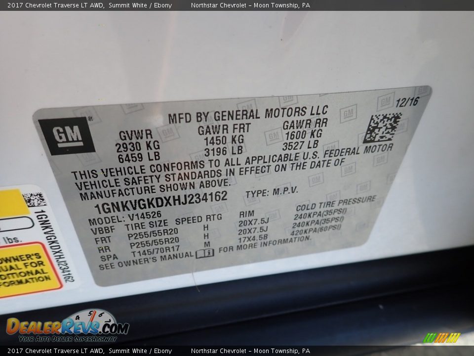 2017 Chevrolet Traverse LT AWD Summit White / Ebony Photo #28