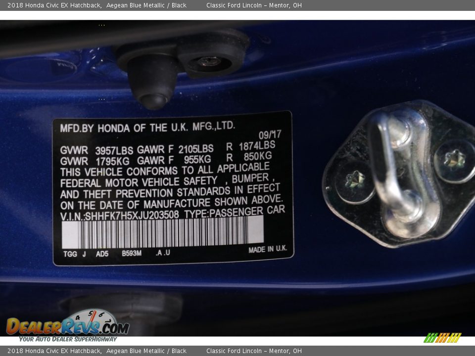 2018 Honda Civic EX Hatchback Aegean Blue Metallic / Black Photo #25