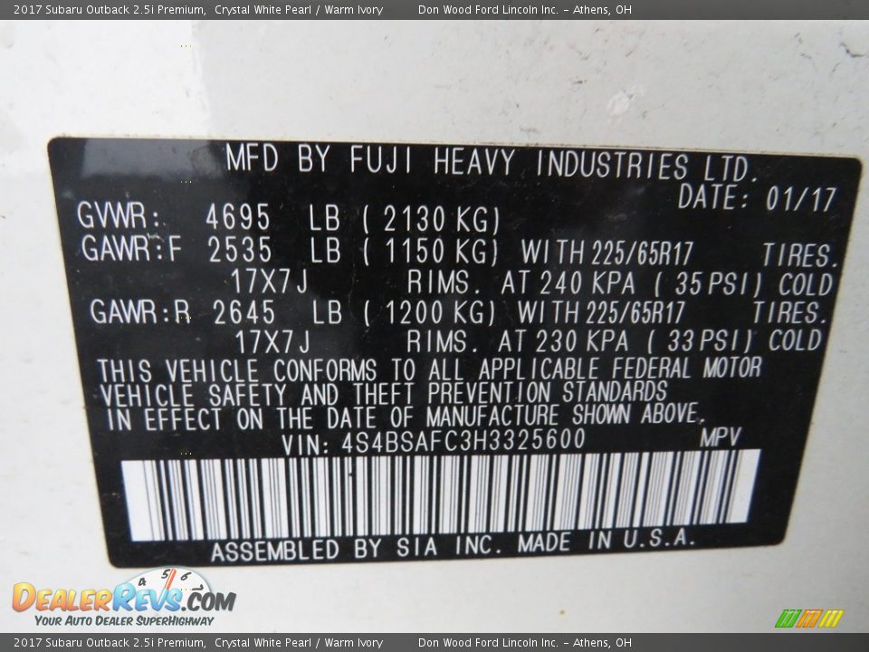 2017 Subaru Outback 2.5i Premium Crystal White Pearl / Warm Ivory Photo #34
