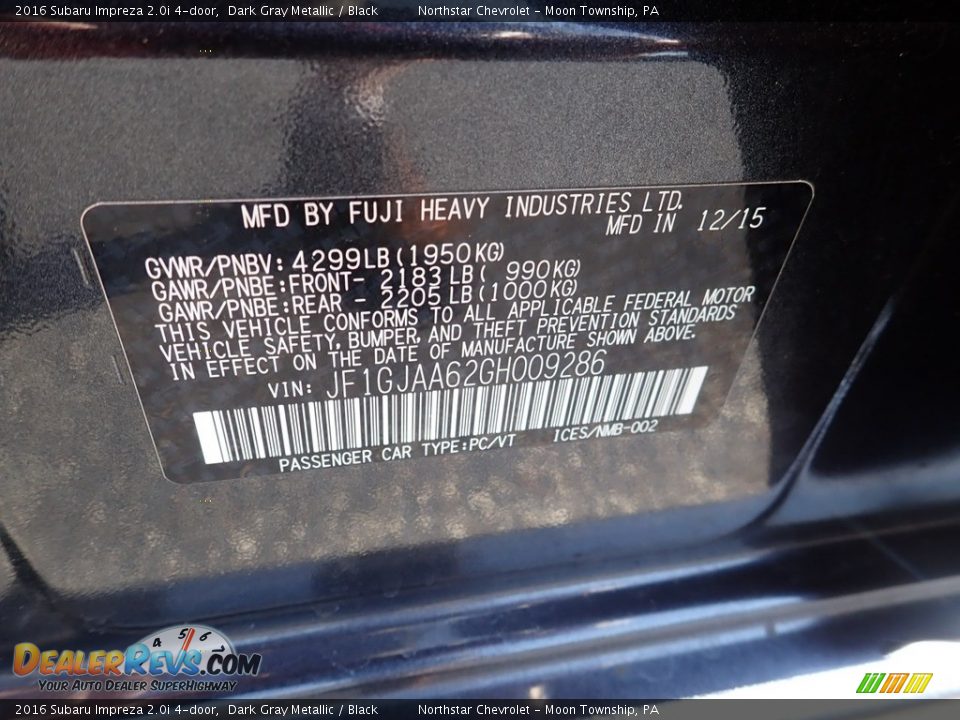 2016 Subaru Impreza 2.0i 4-door Dark Gray Metallic / Black Photo #28