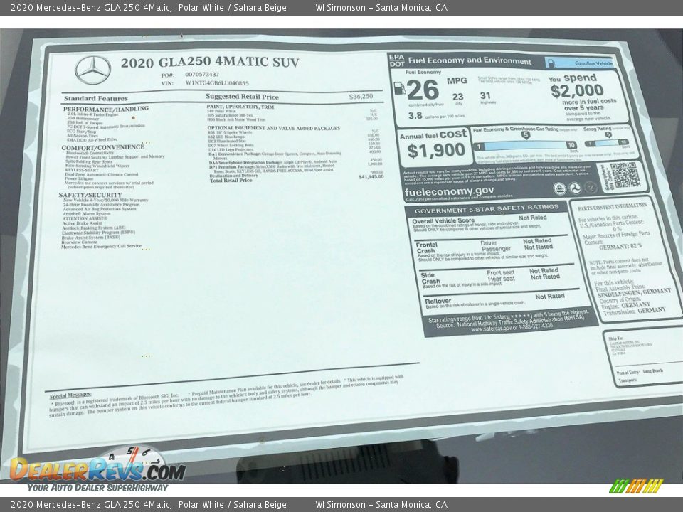 2020 Mercedes-Benz GLA 250 4Matic Polar White / Sahara Beige Photo #10