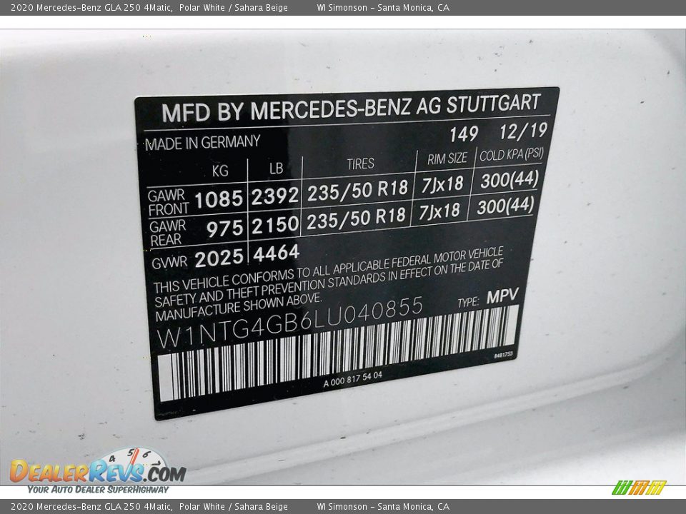 2020 Mercedes-Benz GLA 250 4Matic Polar White / Sahara Beige Photo #11