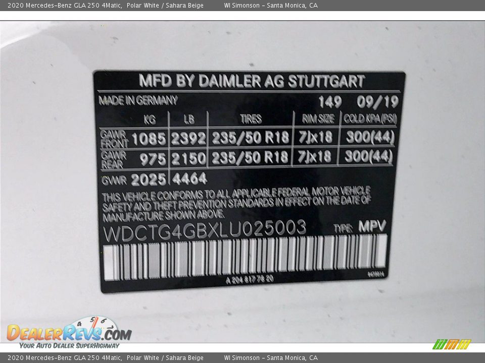 2020 Mercedes-Benz GLA 250 4Matic Polar White / Sahara Beige Photo #11