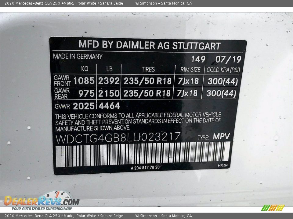 2020 Mercedes-Benz GLA 250 4Matic Polar White / Sahara Beige Photo #11