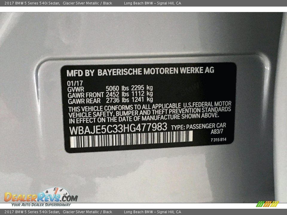 2017 BMW 5 Series 540i Sedan Glacier Silver Metallic / Black Photo #36