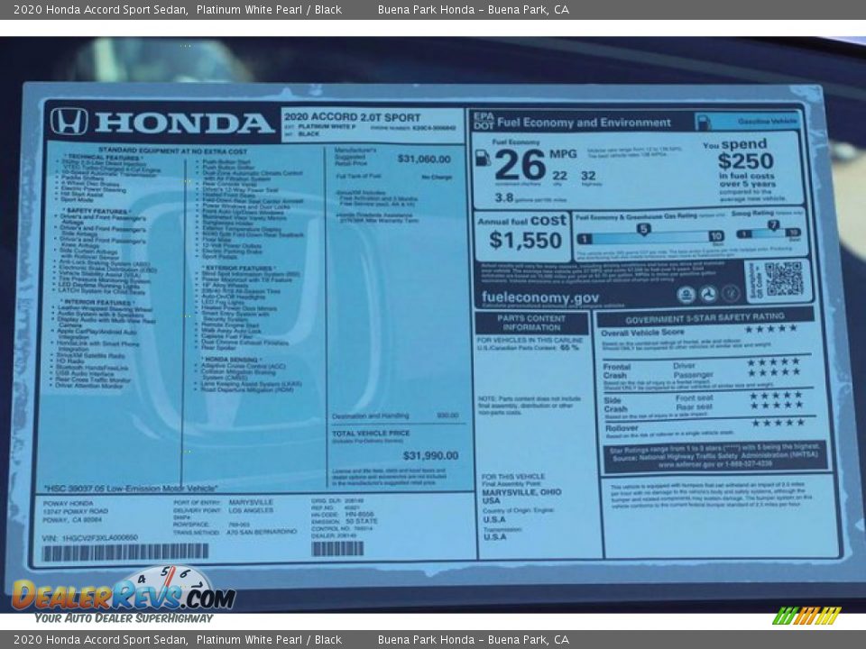 2020 Honda Accord Sport Sedan Platinum White Pearl / Black Photo #17