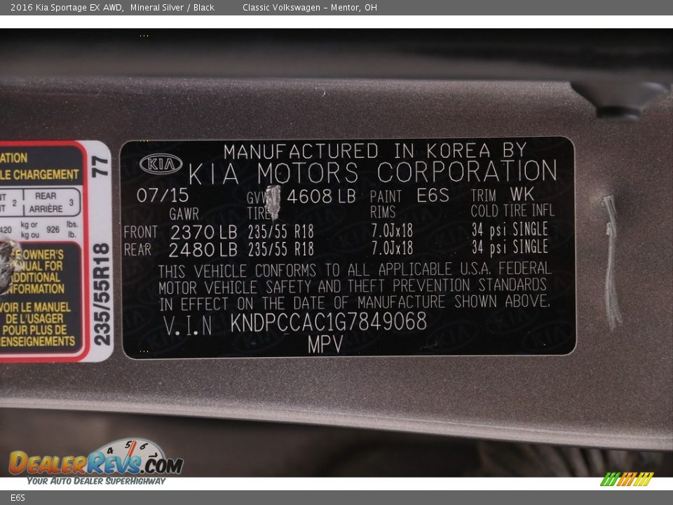 Kia Color Code E6S Mineral Silver